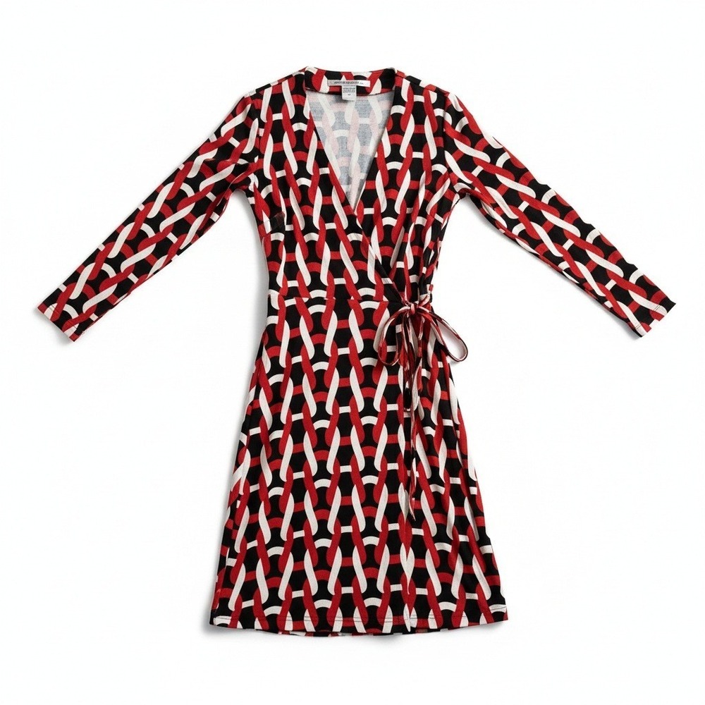 Diane von Furstenberg Wrap Dress 2 Red Black Silk Geometric Chain Link Mod Chic‎